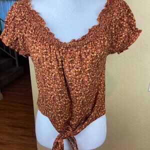 Mimi Chica Brown Floral Tie Front Blouse Rayon    Sz L/ XL